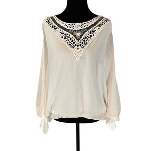 Carla Conti Italy Silk Blouse Womens Medium Cream Crochet Lace V-Neck  Top Flowy